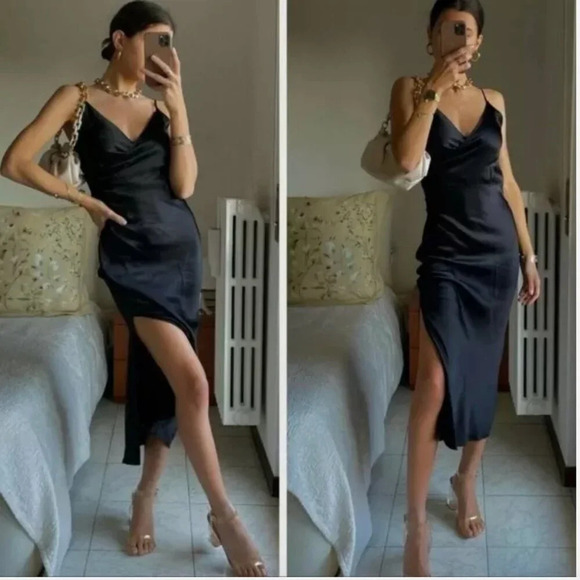 Zara Silky Satin Effect Surplus Midi Dress Black Blogger Fav Sz Small - Picture 1 of 10